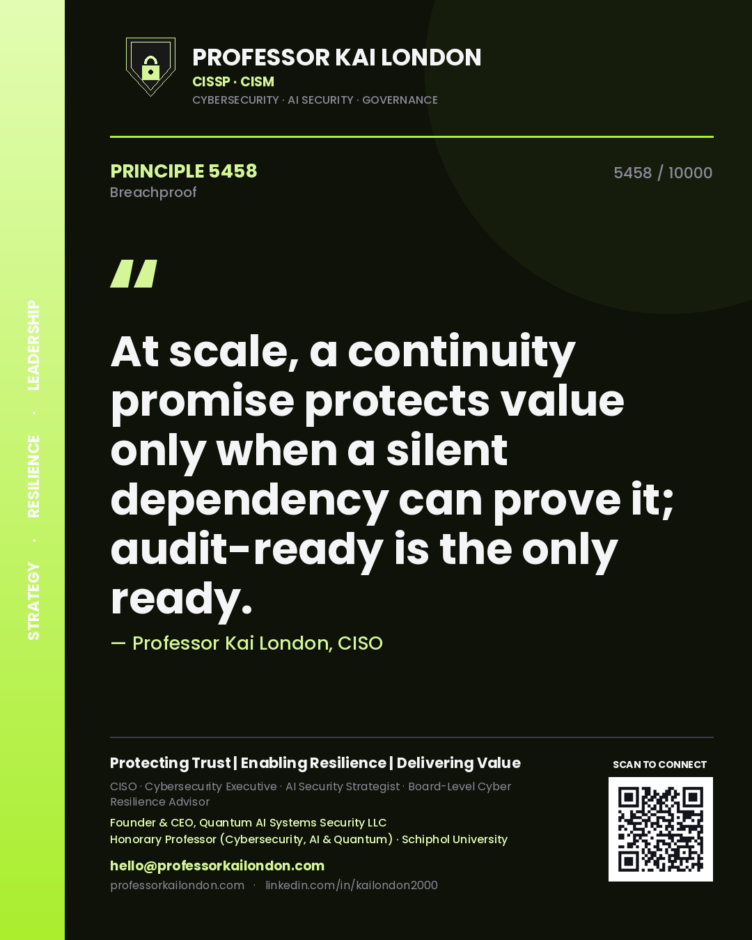Quote card by Professor Kai London reading 'At scale, a continuity promise protects value only when a silent dependency can prove it; audit-ready is the only ready.'. From the book Breachproof.
