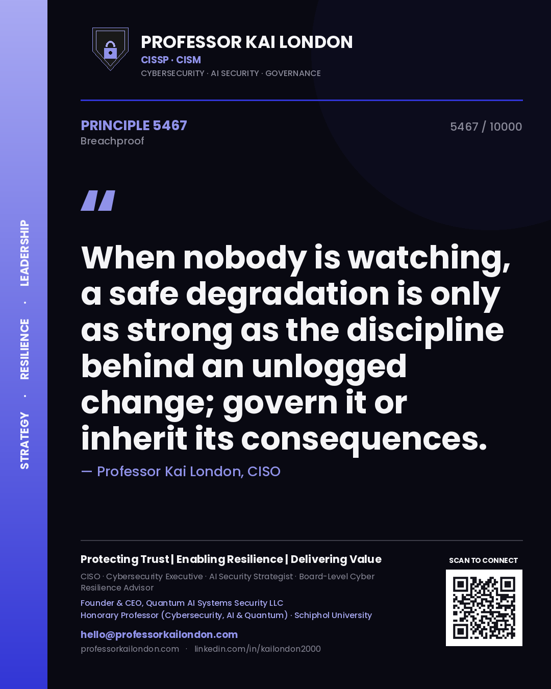 Quote card by Professor Kai London reading 'When nobody is watching, a safe degradation is only as strong as the discipline behind an unlogged change; govern it or inherit its consequences.'. From the book Breachproof.