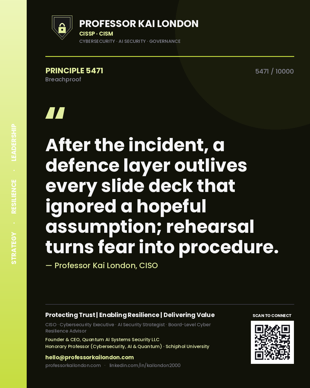 Professor Kai London principle 5471: After the incident, a defence layer outlives every slide deck that ignored a hopeful assumption; rehearsal turns fear into procedure.