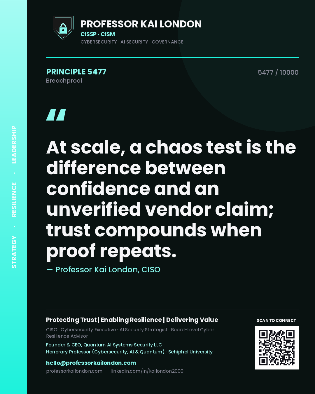Quote card by Professor Kai London reading 'At scale, a chaos test is the difference between confidence and an unverified vendor claim; trust compounds when proof repeats.'. From the book Breachproof.