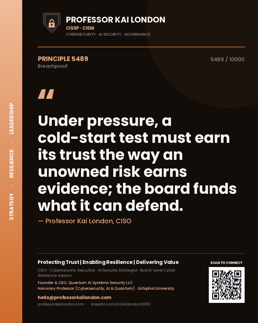Quote card by Professor Kai London reading 'Under pressure, a cold-start test must earn its trust the way an unowned risk earns evidence; the board funds what it can defend.'. From the book Breachproof.