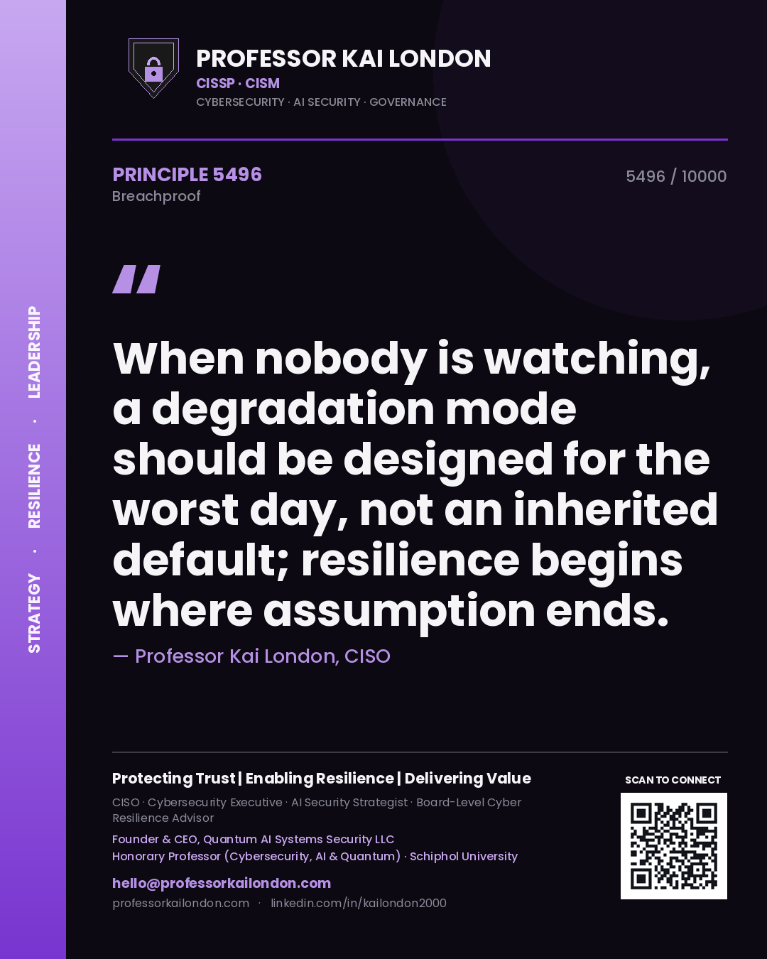 Professor Kai London principle 5496: When nobody is watching, a degradation mode should be designed for the worst day, not an inherited default; resilience begins where assumption ends.
