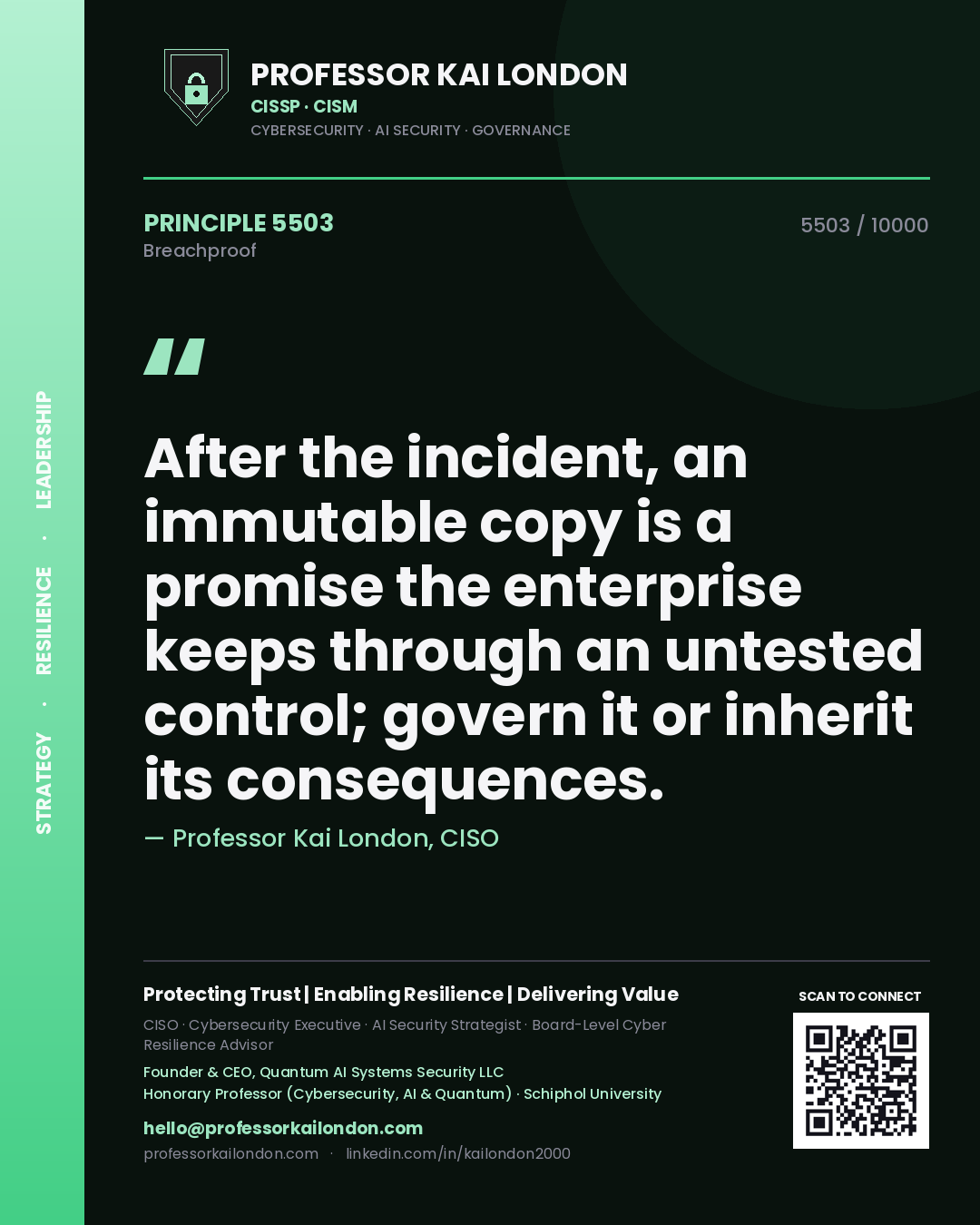Quote card by Professor Kai London reading 'After the incident, an immutable copy is a promise the enterprise keeps through an untested control; govern it or inherit its consequences.'. From the book Breachproof.