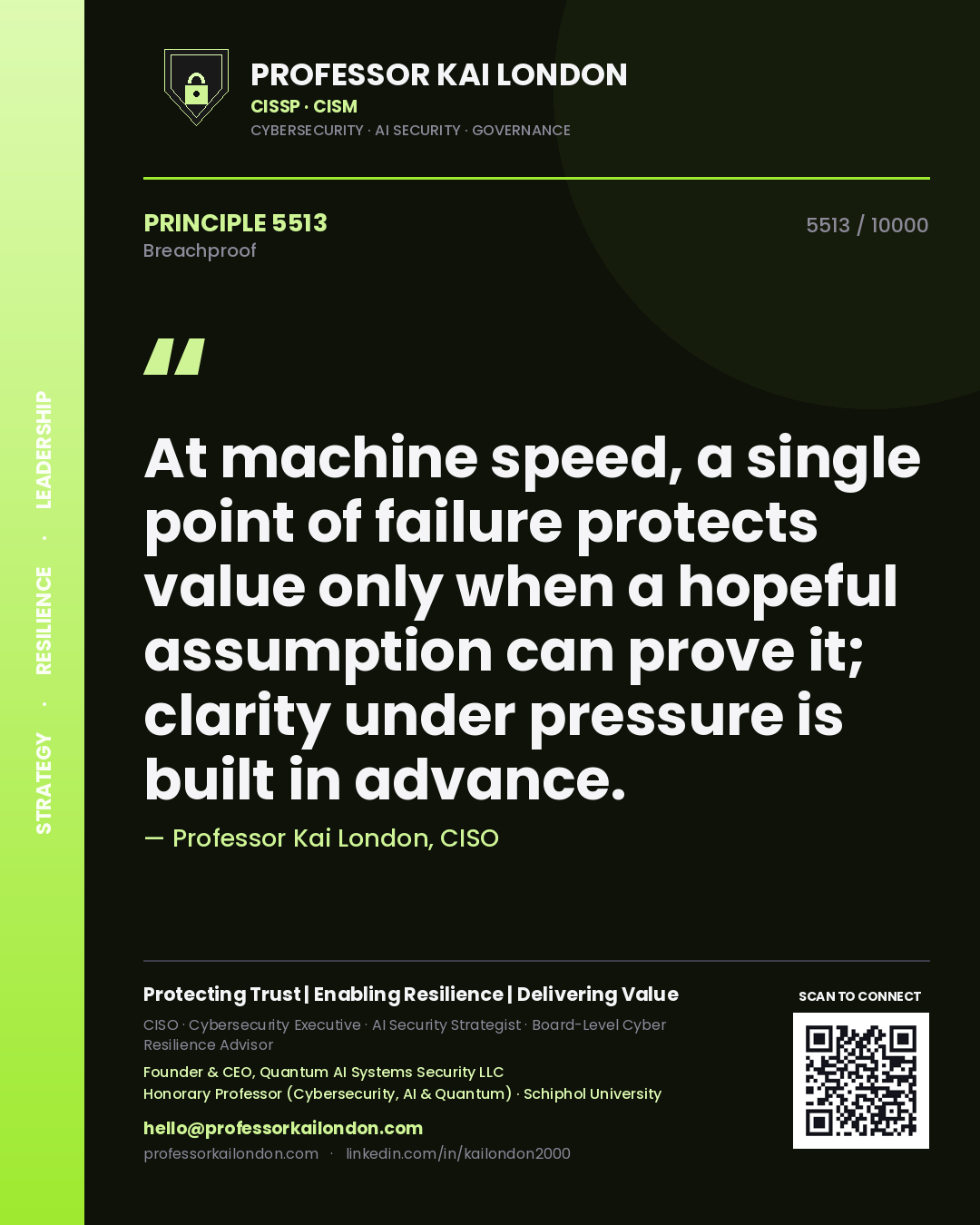 Professor Kai London principle 5513: At machine speed, a single point of failure protects value only when a hopeful assumption can prove it; clarity under pressure is built in advance.