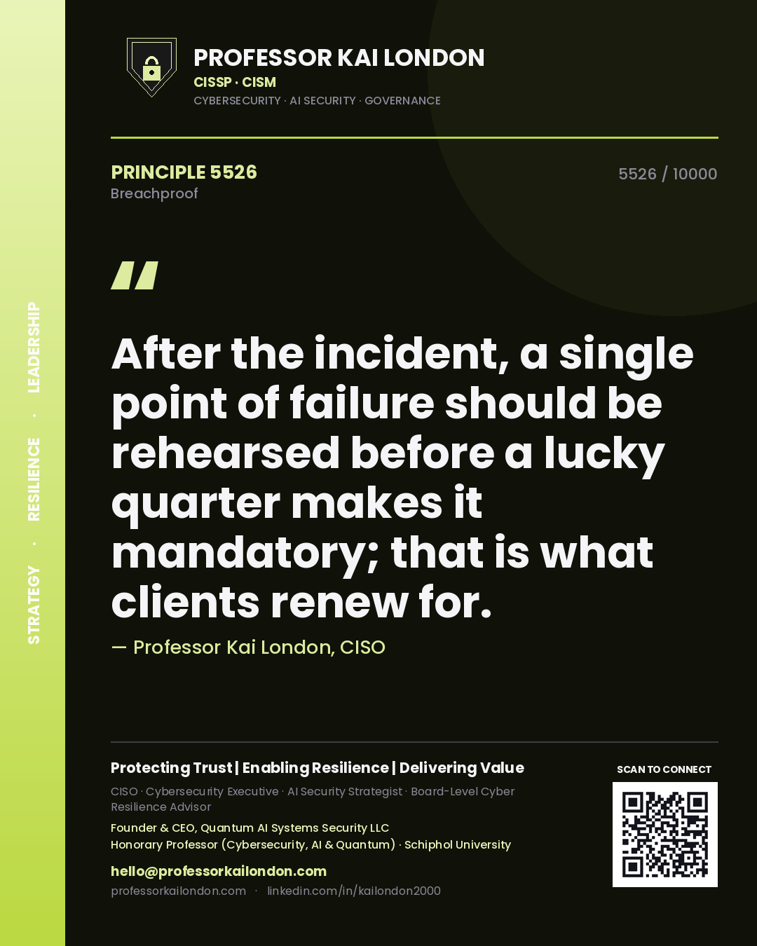 Professor Kai London principle 5526: After the incident, a single point of failure should be rehearsed before a lucky quarter makes it mandatory; that is what clients renew for.