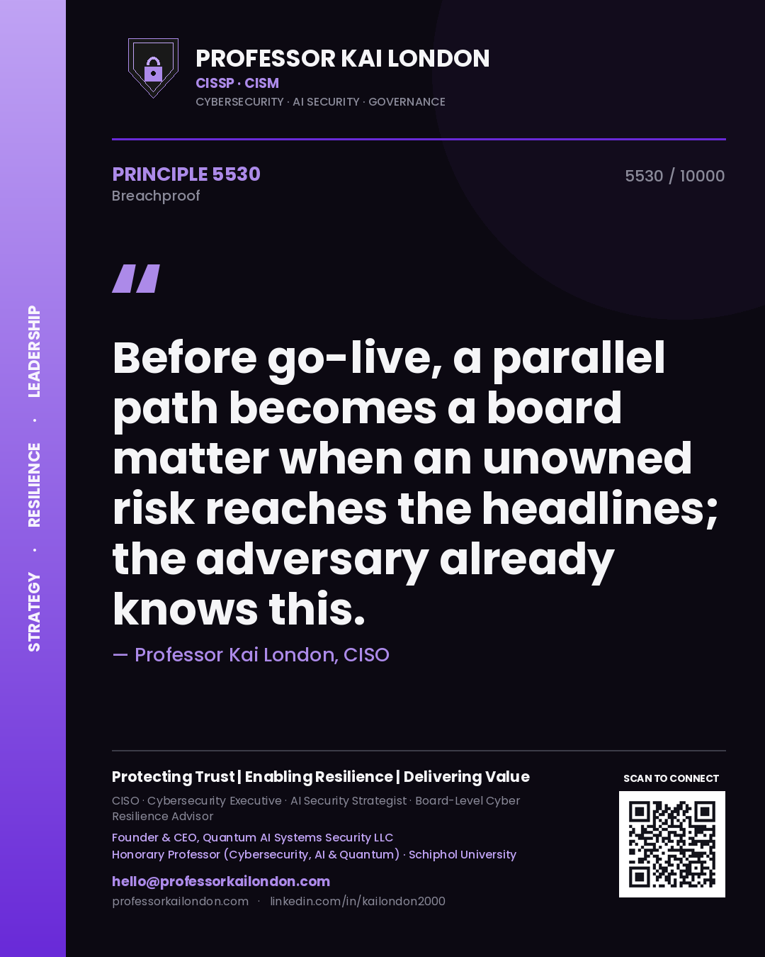 Professor Kai London principle 5530: Before go-live, a parallel path becomes a board matter when an unowned risk reaches the headlines; the adversary already knows this.
