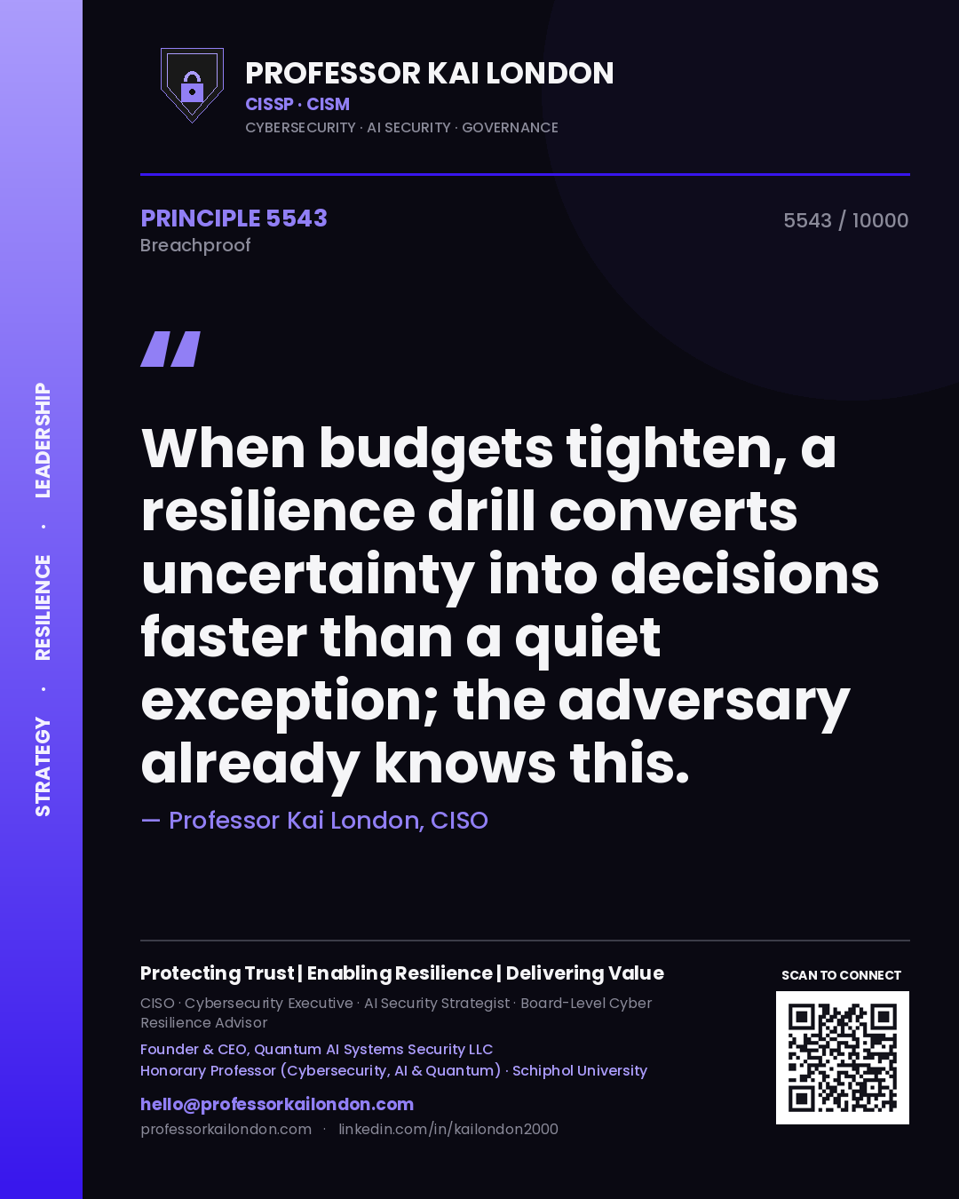 Professor Kai London principle 5543: When budgets tighten, a resilience drill converts uncertainty into decisions faster than a quiet exception; the adversary already knows this.