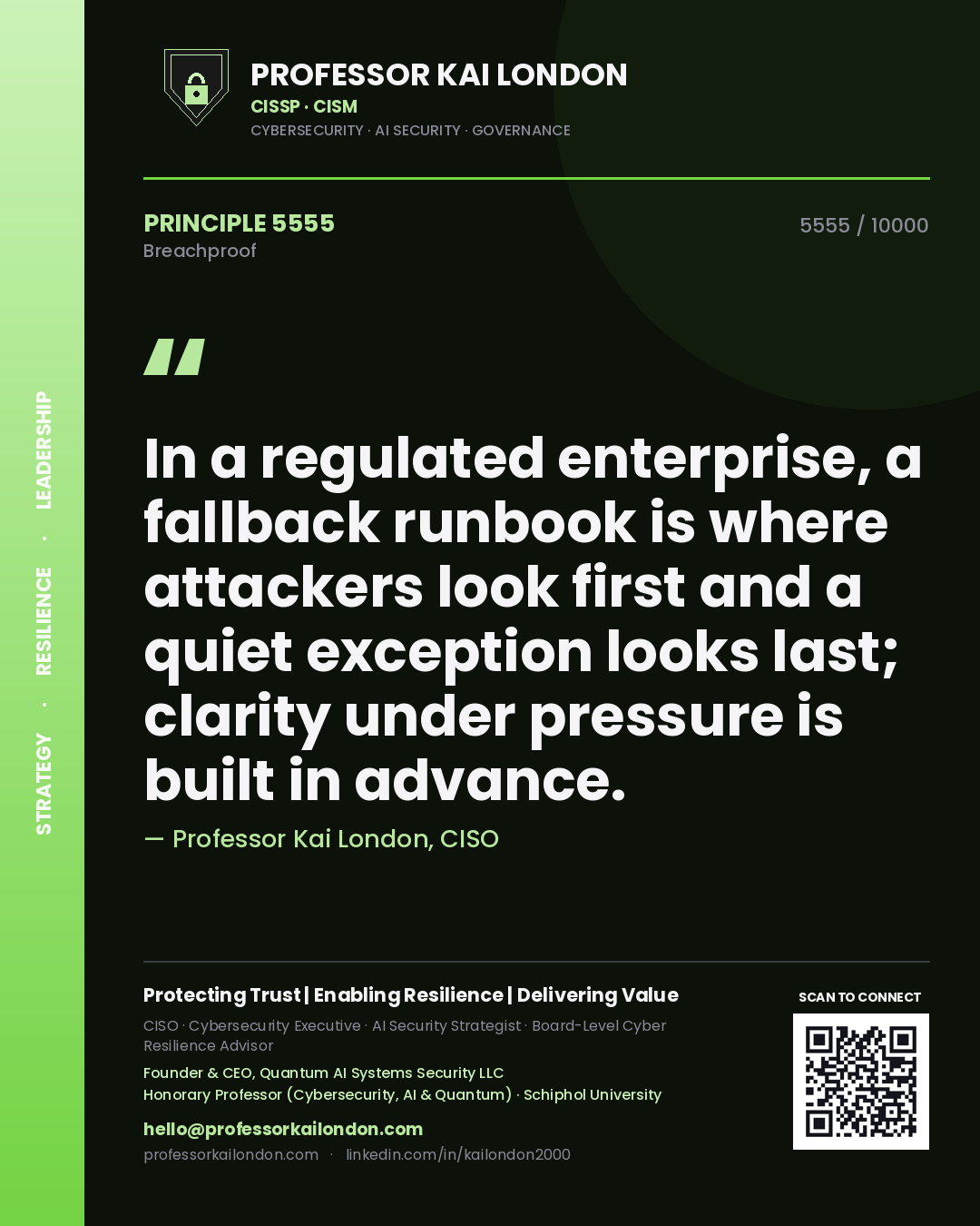 Quote card by Professor Kai London reading 'In a regulated enterprise, a fallback runbook is where attackers look first and a quiet exception looks last; clarity under pressure is built in advance.'. From the book Breachproof.