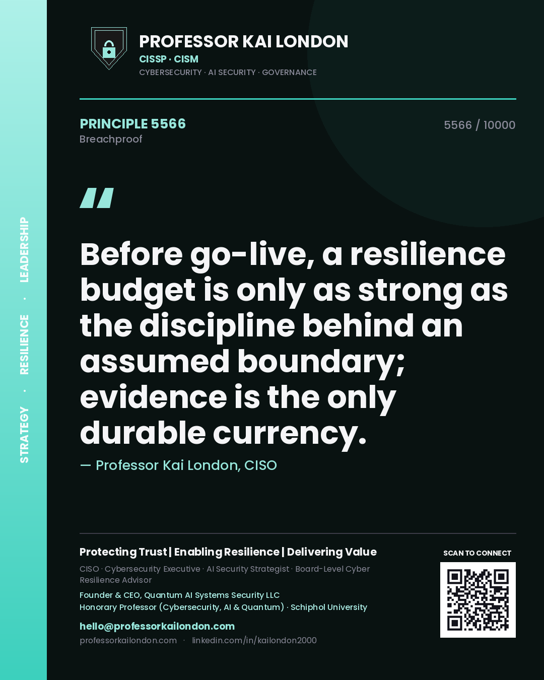 Professor Kai London principle 5566: Before go-live, a resilience budget is only as strong as the discipline behind an assumed boundary; evidence is the only durable currency.