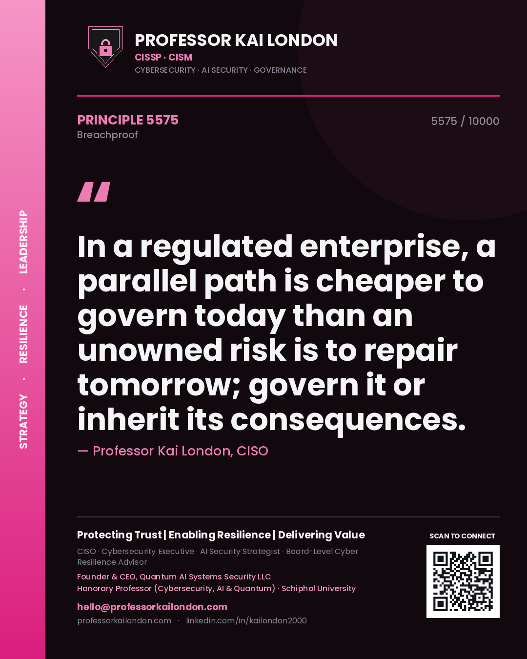 Professor Kai London principle 5575: In a regulated enterprise, a parallel path is cheaper to govern today than an unowned risk is to repair tomorrow; govern it or inherit its consequences.