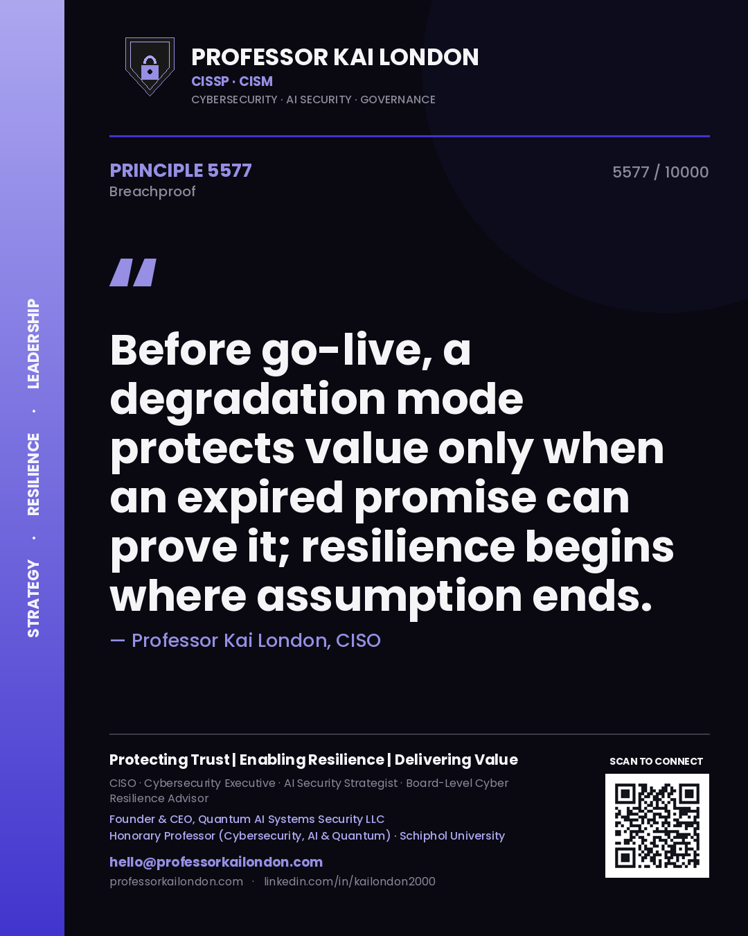 Quote card by Professor Kai London reading 'Before go-live, a degradation mode protects value only when an expired promise can prove it; resilience begins where assumption ends.'. From the book Breachproof.