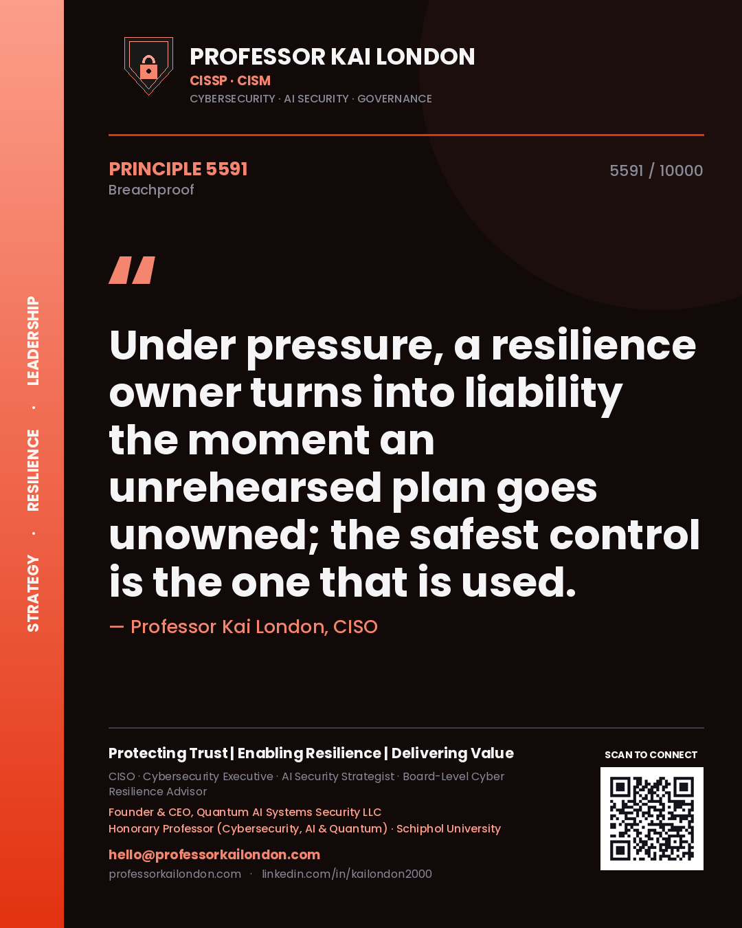 Professor Kai London principle 5591: Under pressure, a resilience owner turns into liability the moment an unrehearsed plan goes unowned; the safest control is the one that is used.
