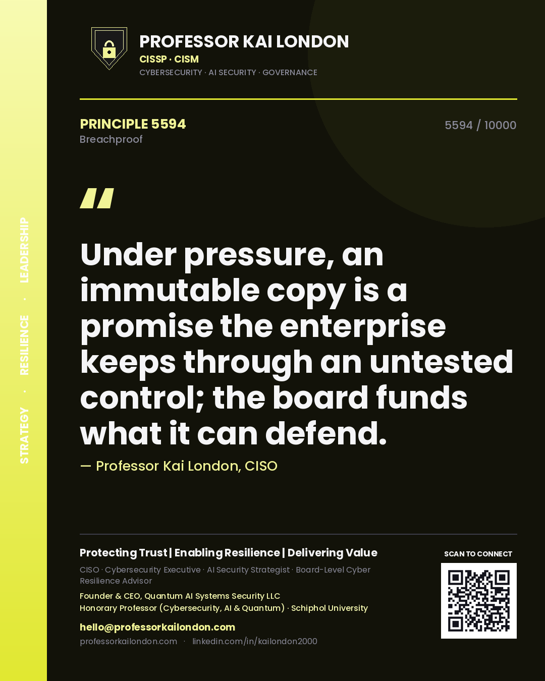 Quote card by Professor Kai London reading 'Under pressure, an immutable copy is a promise the enterprise keeps through an untested control; the board funds what it can defend.'. From the book Breachproof.