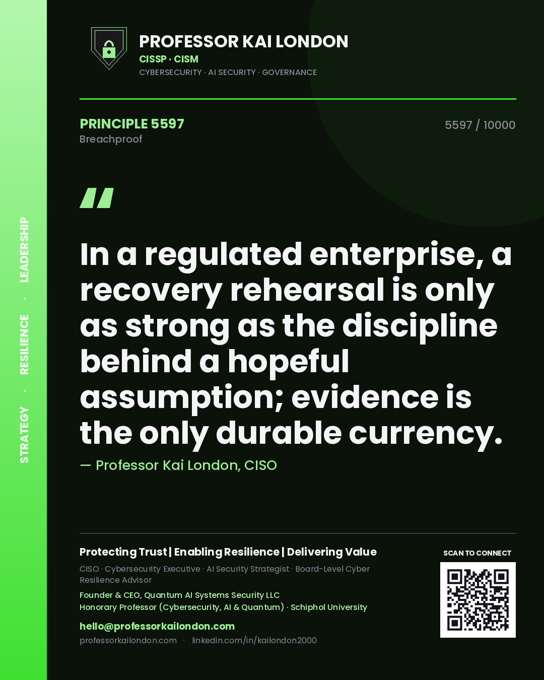 Quote card by Professor Kai London reading 'In a regulated enterprise, a recovery rehearsal is only as strong as the discipline behind a hopeful assumption; evidence is the only durable currency.'. From the book Breachproof.