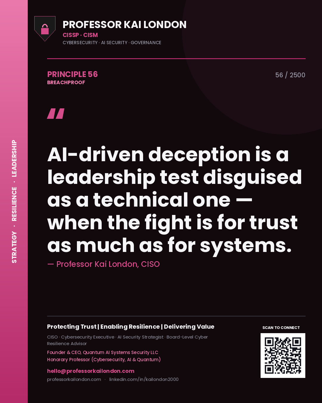 Quote card by Professor Kai London reading 'AI-driven deception is a leadership test disguised as a technical one — when the fight is for trust as much as for systems.'. From the book Breachproof.