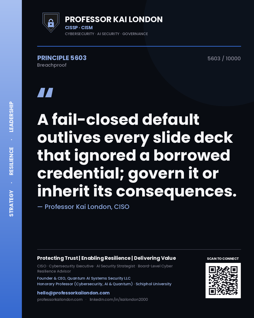 Quote card by Professor Kai London reading 'A fail-closed default outlives every slide deck that ignored a borrowed credential; govern it or inherit its consequences.'. From the book Breachproof.