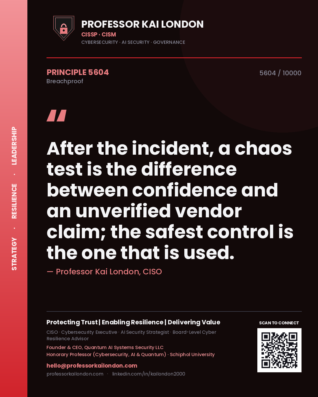 Quote card by Professor Kai London reading 'After the incident, a chaos test is the difference between confidence and an unverified vendor claim; the safest control is the one that is used.'. From the book Breachproof.