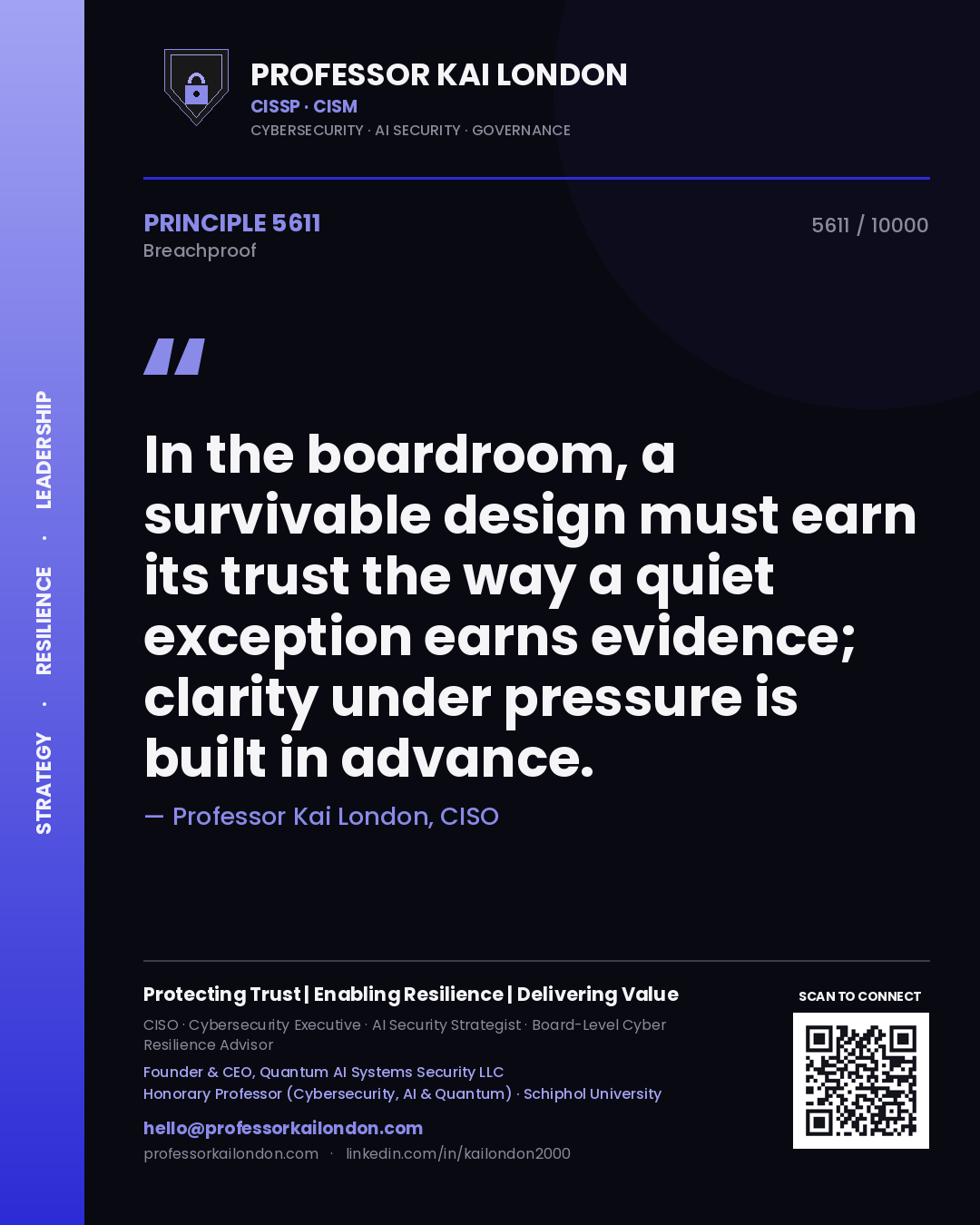 Quote card by Professor Kai London reading 'In the boardroom, a survivable design must earn its trust the way a quiet exception earns evidence; clarity under pressure is built in advance.'. From the book Breachproof.