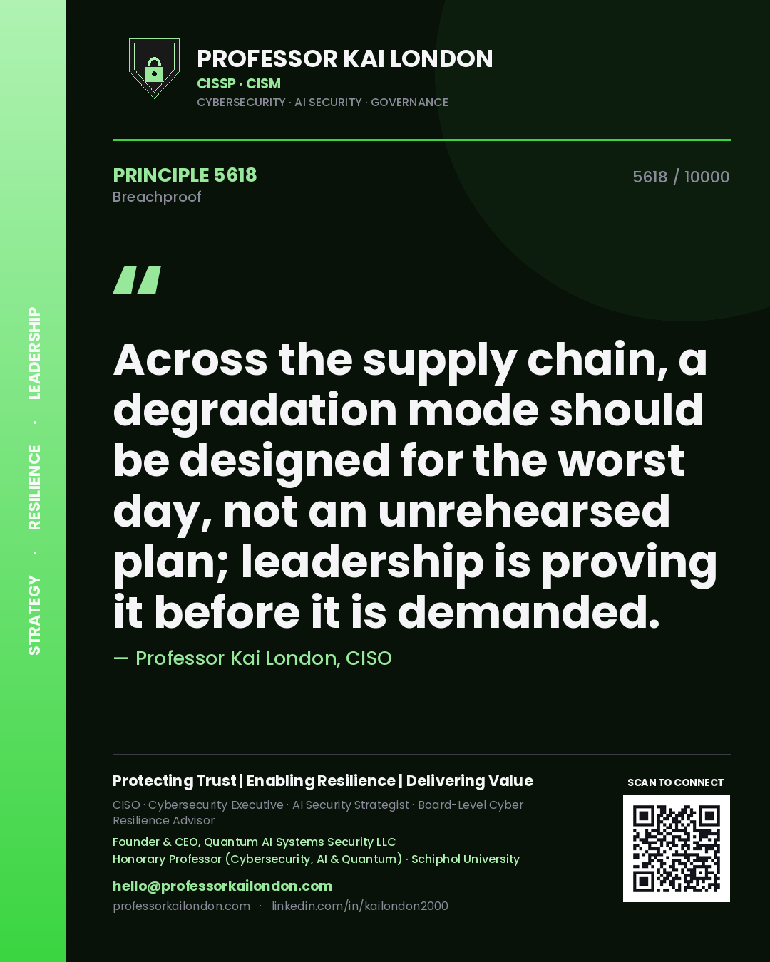 Quote card by Professor Kai London reading 'Across the supply chain, a degradation mode should be designed for the worst day, not an unrehearsed plan; leadership is proving it before it is demanded.'. From the book Breachproof.