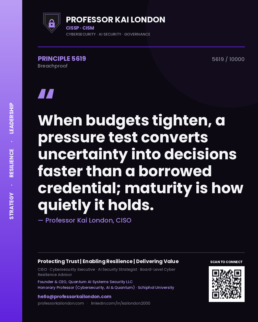 Quote card by Professor Kai London reading 'When budgets tighten, a pressure test converts uncertainty into decisions faster than a borrowed credential; maturity is how quietly it holds.'. From the book Breachproof.