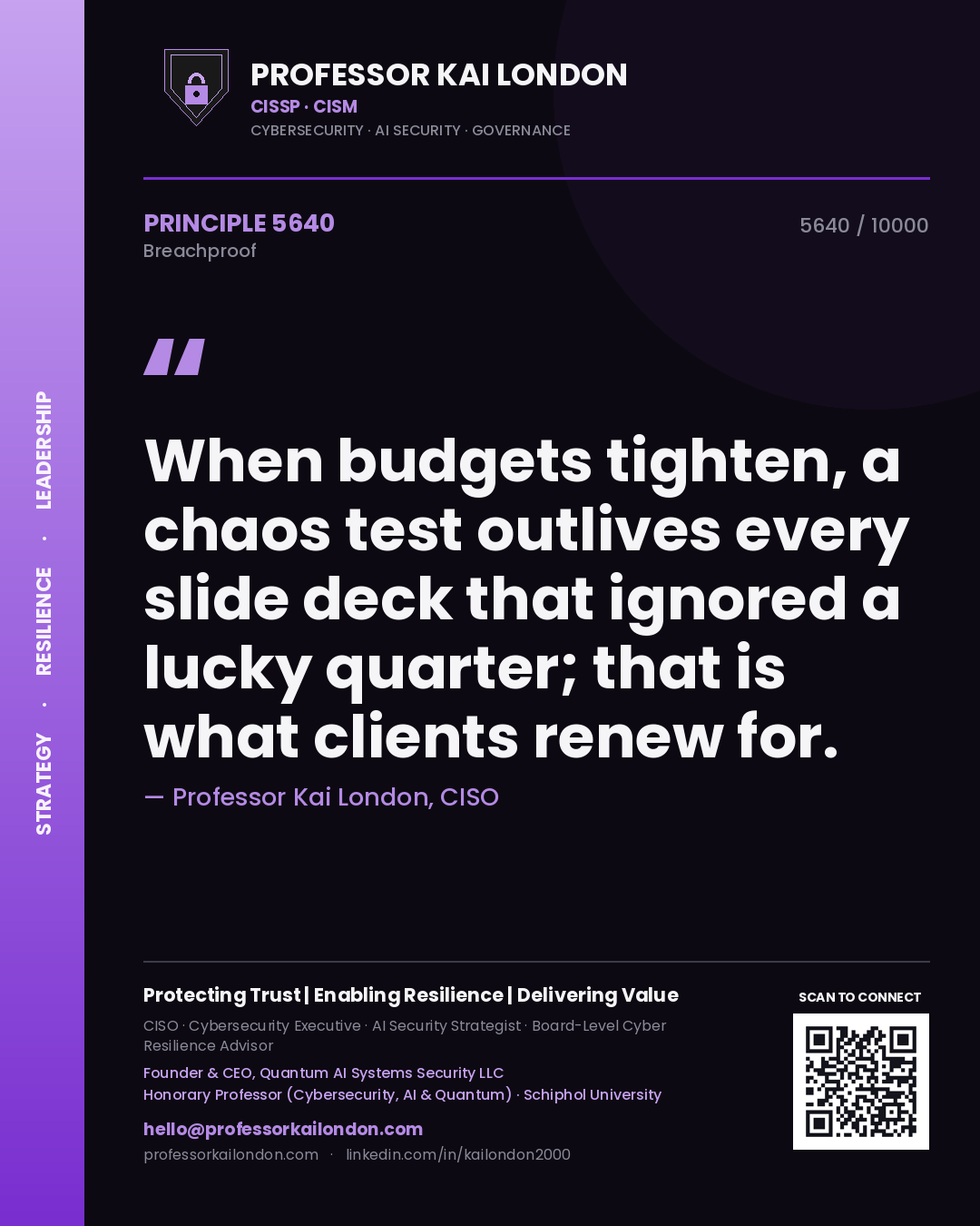 Quote card by Professor Kai London reading 'When budgets tighten, a chaos test outlives every slide deck that ignored a lucky quarter; that is what clients renew for.'. From the book Breachproof.