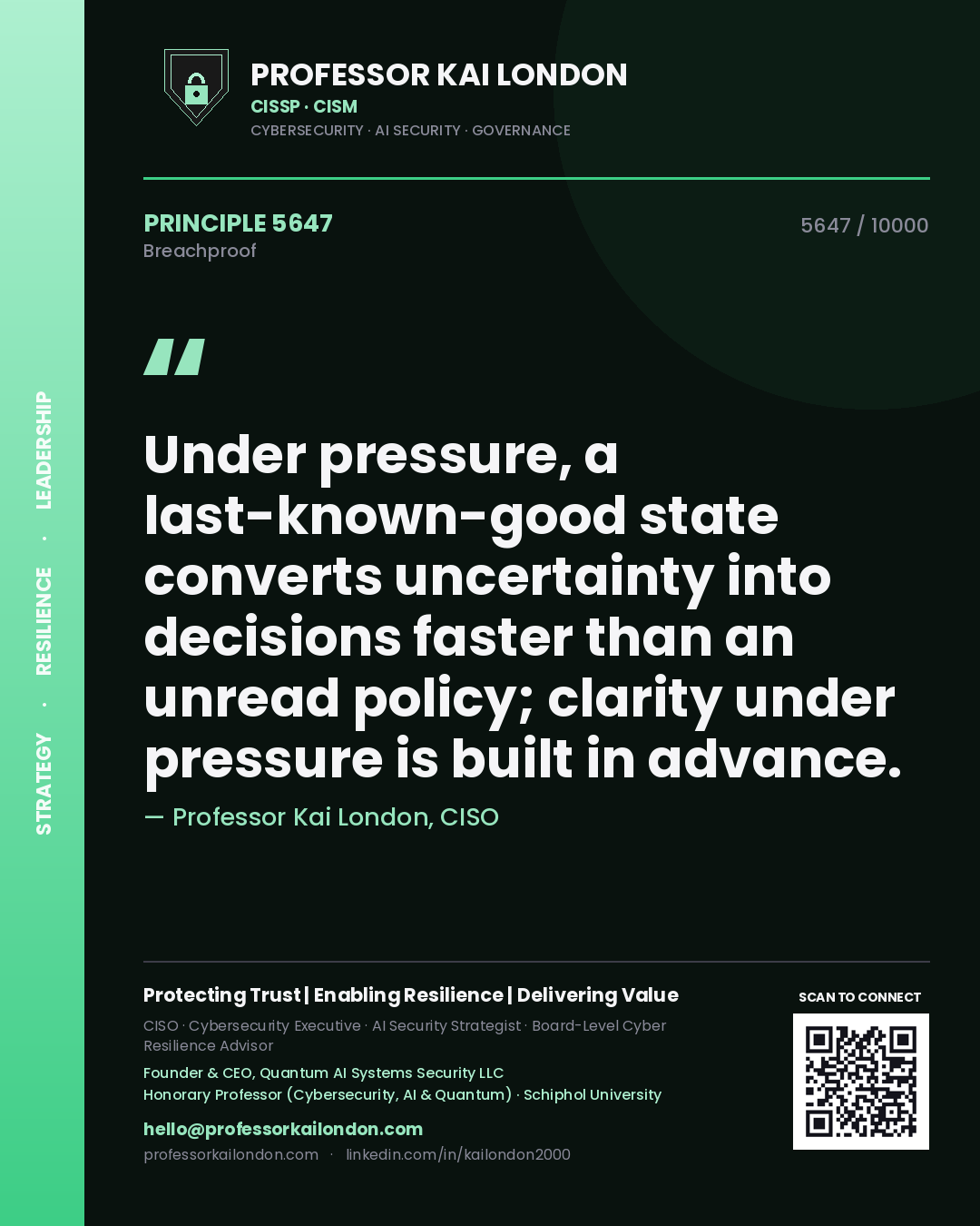 Professor Kai London principle 5647: Under pressure, a last-known-good state converts uncertainty into decisions faster than an unread policy; clarity under pressure is built in advance.