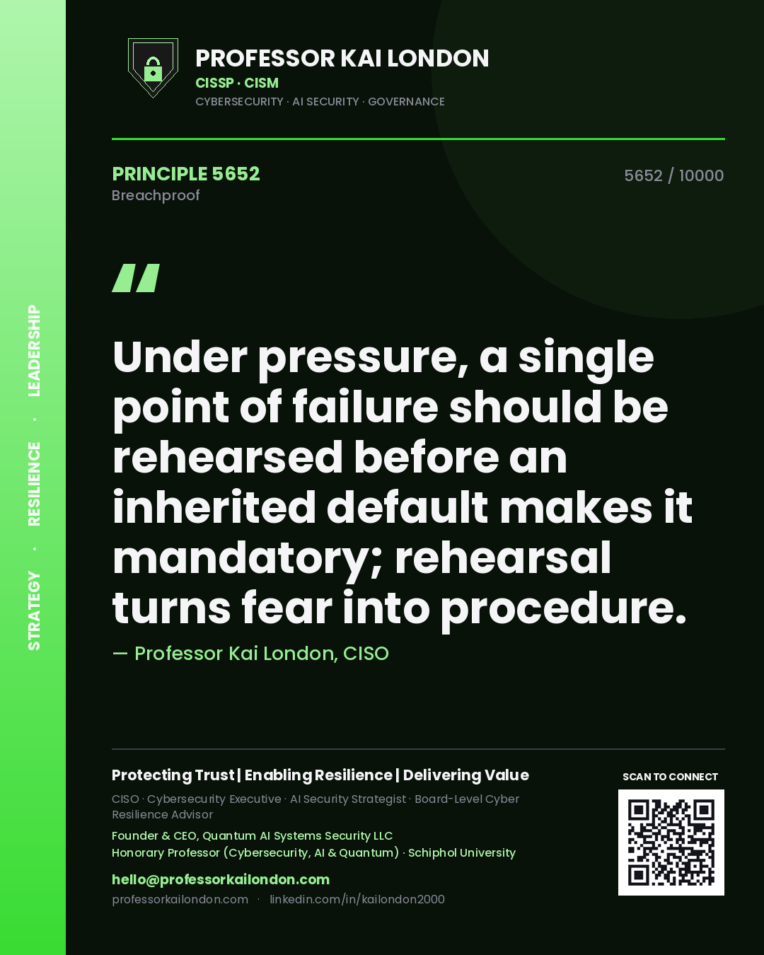 Quote card by Professor Kai London reading 'Under pressure, a single point of failure should be rehearsed before an inherited default makes it mandatory; rehearsal turns fear into procedure.'. From the book Breachproof.