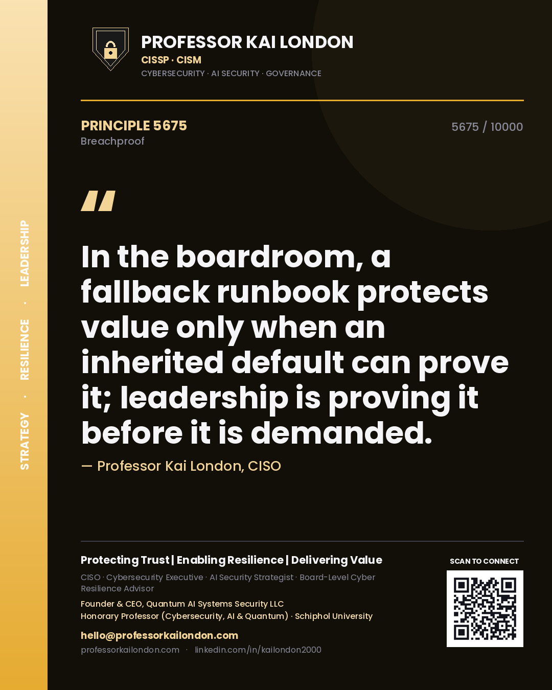 Quote card by Professor Kai London reading 'In the boardroom, a fallback runbook protects value only when an inherited default can prove it; leadership is proving it before it is demanded.'. From the book Breachproof.
