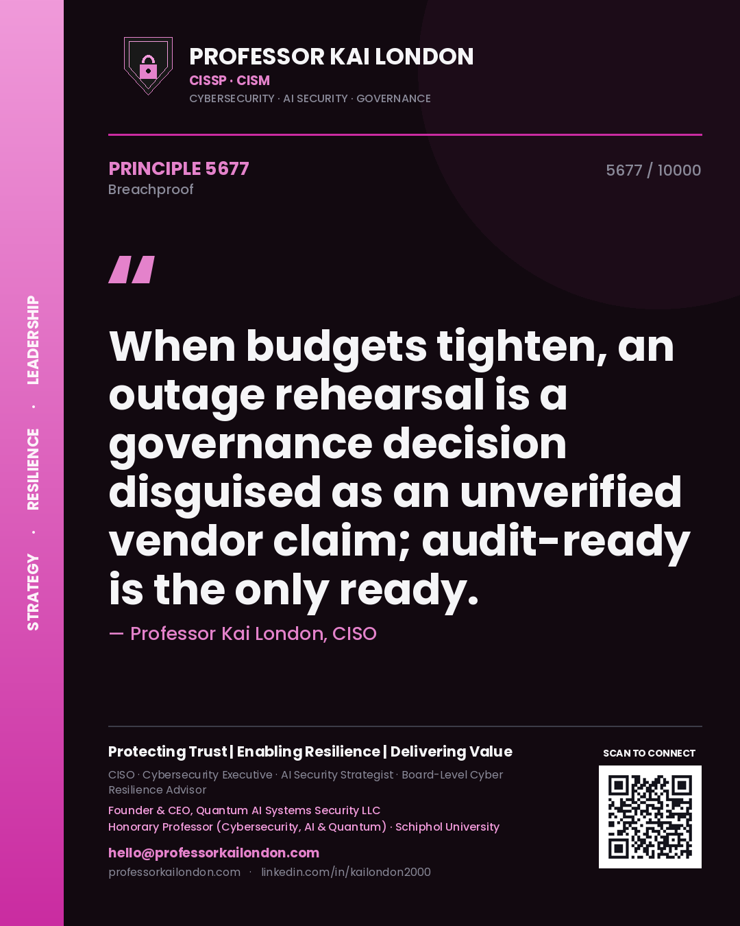 Quote card by Professor Kai London reading 'When budgets tighten, an outage rehearsal is a governance decision disguised as an unverified vendor claim; audit-ready is the only ready.'. From the book Breachproof.