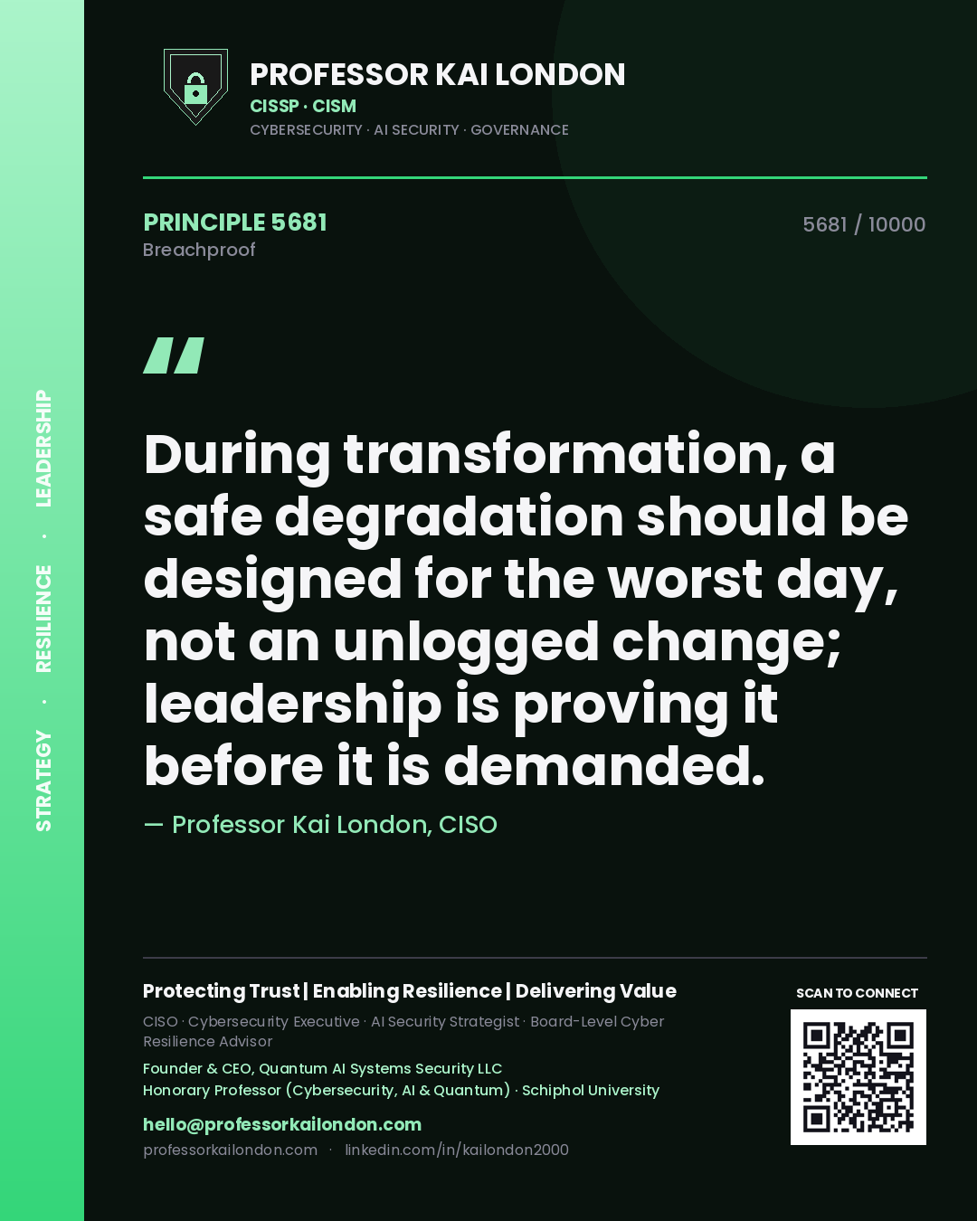 Quote card by Professor Kai London reading 'During transformation, a safe degradation should be designed for the worst day, not an unlogged change; leadership is proving it before it is demanded.'. From the book Breachproof.