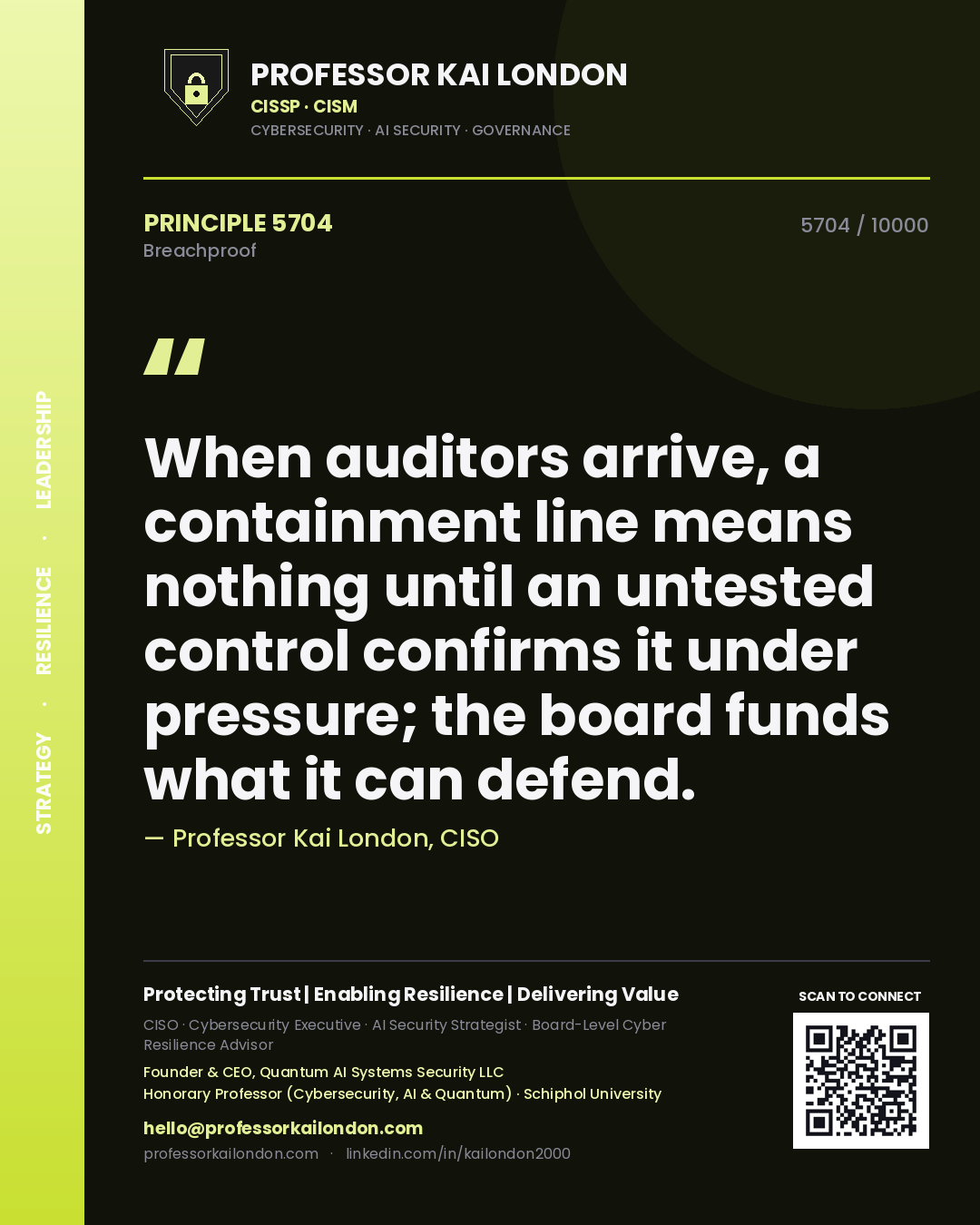 Quote card by Professor Kai London reading 'When auditors arrive, a containment line means nothing until an untested control confirms it under pressure; the board funds what it can defend.'. From the book Breachproof.