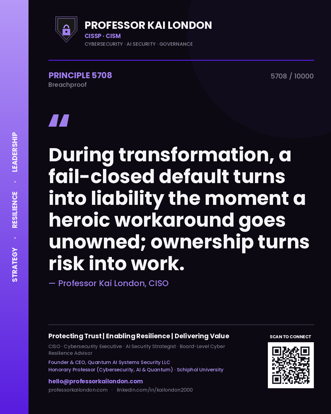 Professor Kai London principle 5708: During transformation, a fail-closed default turns into liability the moment a heroic workaround goes unowned; ownership turns risk into work.