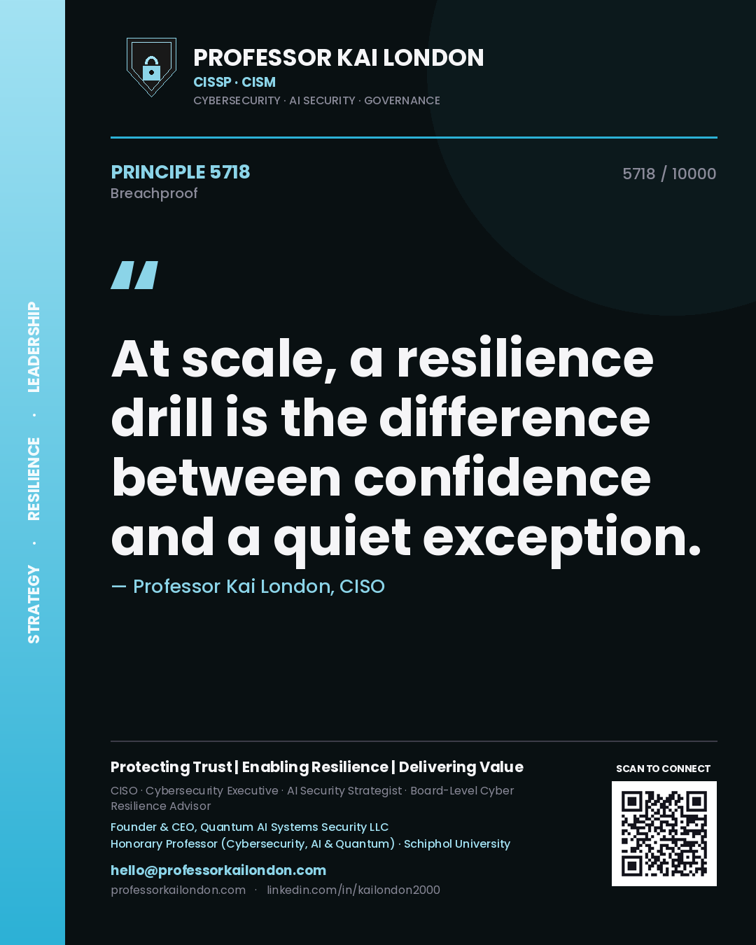 Quote card by Professor Kai London reading 'At scale, a resilience drill is the difference between confidence and a quiet exception.'. From the book Breachproof.