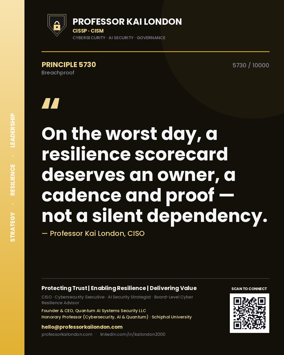 Professor Kai London principle 5730: On the worst day, a resilience scorecard deserves an owner, a cadence and proof — not a silent dependency.
