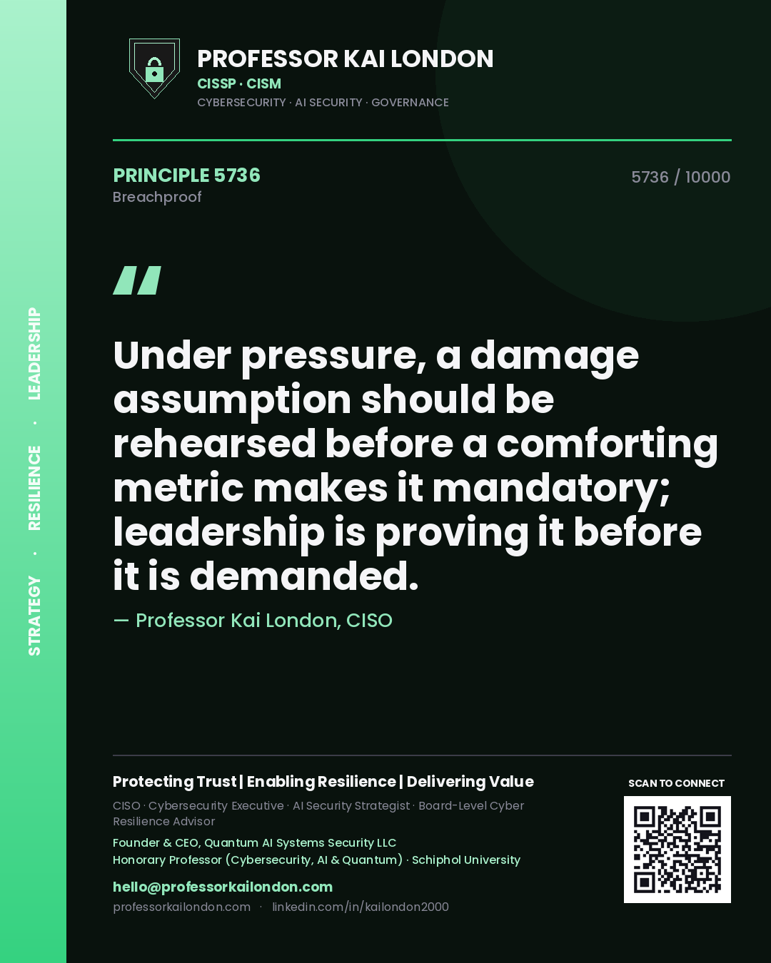 Professor Kai London principle 5736: Under pressure, a damage assumption should be rehearsed before a comforting metric makes it mandatory; leadership is proving it before it is demanded.