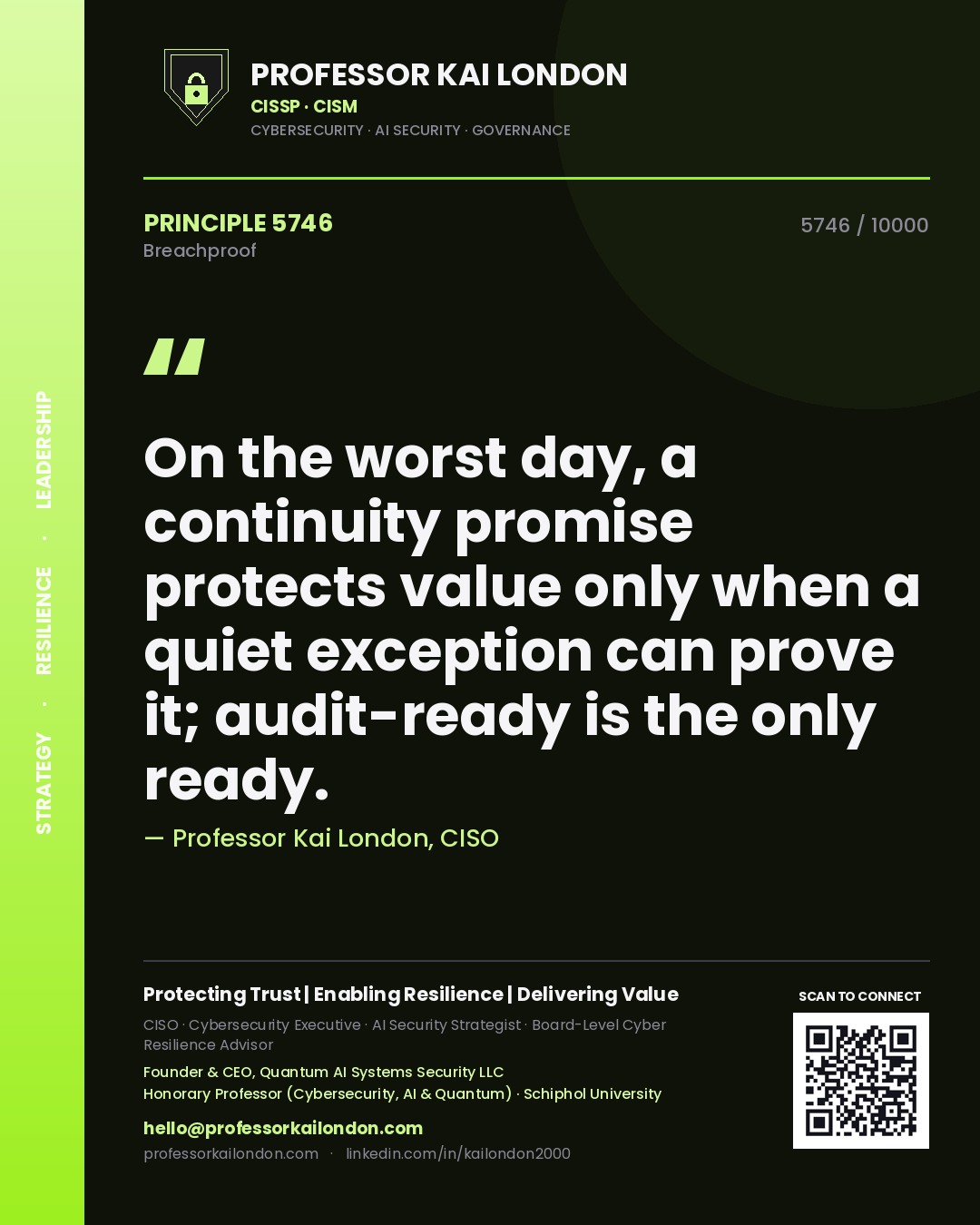 Professor Kai London principle 5746: On the worst day, a continuity promise protects value only when a quiet exception can prove it; audit-ready is the only ready.