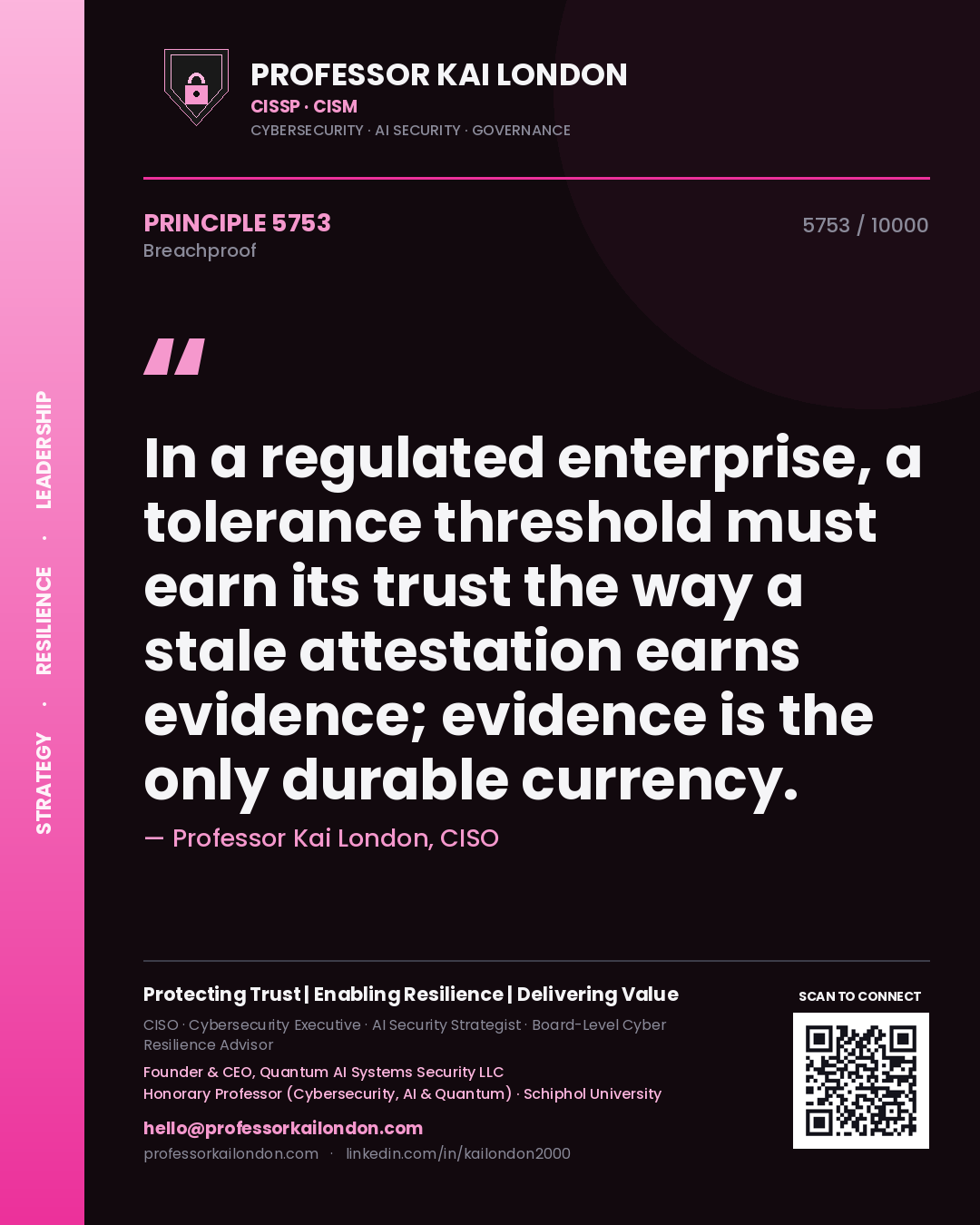 Quote card by Professor Kai London reading 'In a regulated enterprise, a tolerance threshold must earn its trust the way a stale attestation earns evidence; evidence is the only durable currency.'. From the book Breachproof.