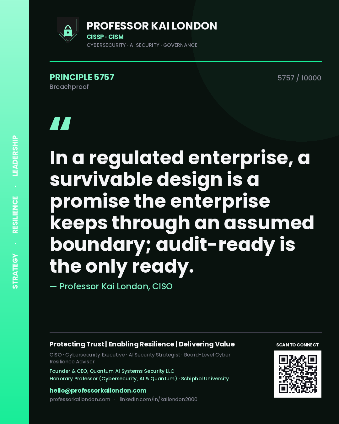Quote card by Professor Kai London reading 'In a regulated enterprise, a survivable design is a promise the enterprise keeps through an assumed boundary; audit-ready is the only ready.'. From the book Breachproof.