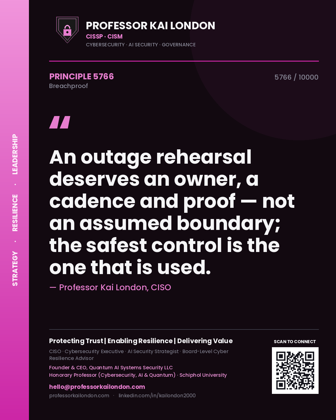 Quote card by Professor Kai London reading 'An outage rehearsal deserves an owner, a cadence and proof — not an assumed boundary; the safest control is the one that is used.'. From the book Breachproof.