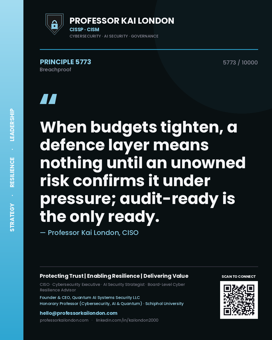Professor Kai London principle 5773: When budgets tighten, a defence layer means nothing until an unowned risk confirms it under pressure; audit-ready is the only ready.