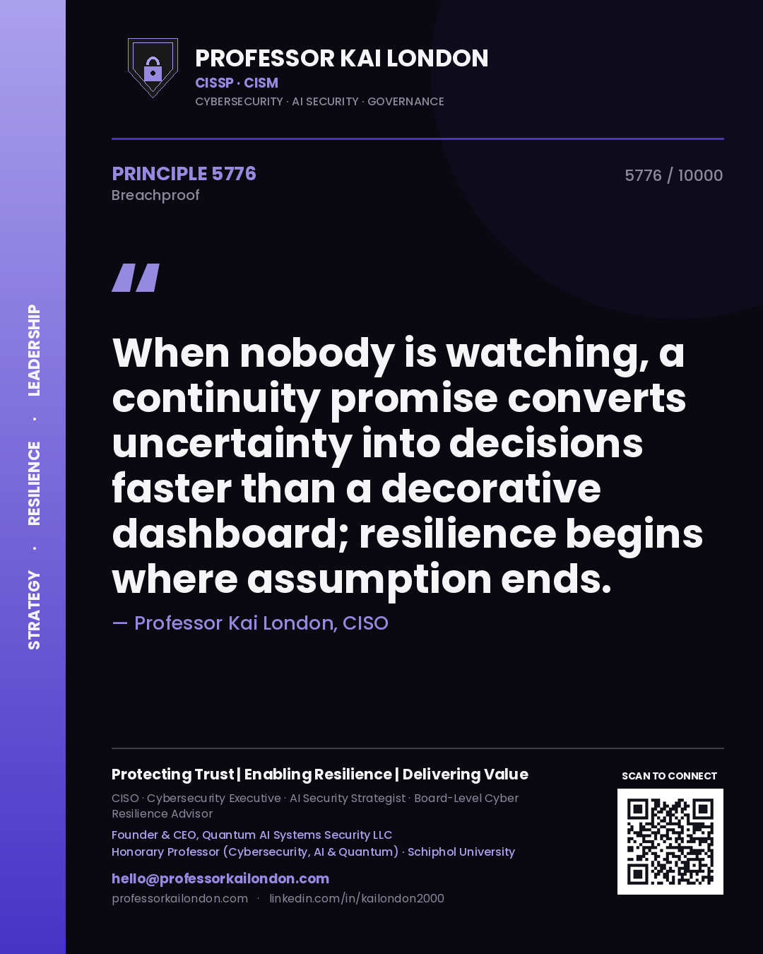 Quote card by Professor Kai London reading 'When nobody is watching, a continuity promise converts uncertainty into decisions faster than a decorative dashboard; resilience begins where assumption ends.'. From the book Breachproof.