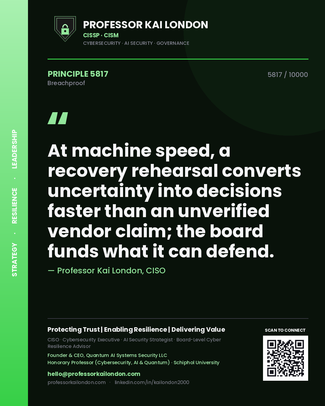 Professor Kai London principle 5817: At machine speed, a recovery rehearsal converts uncertainty into decisions faster than an unverified vendor claim; the board funds what it can defend.