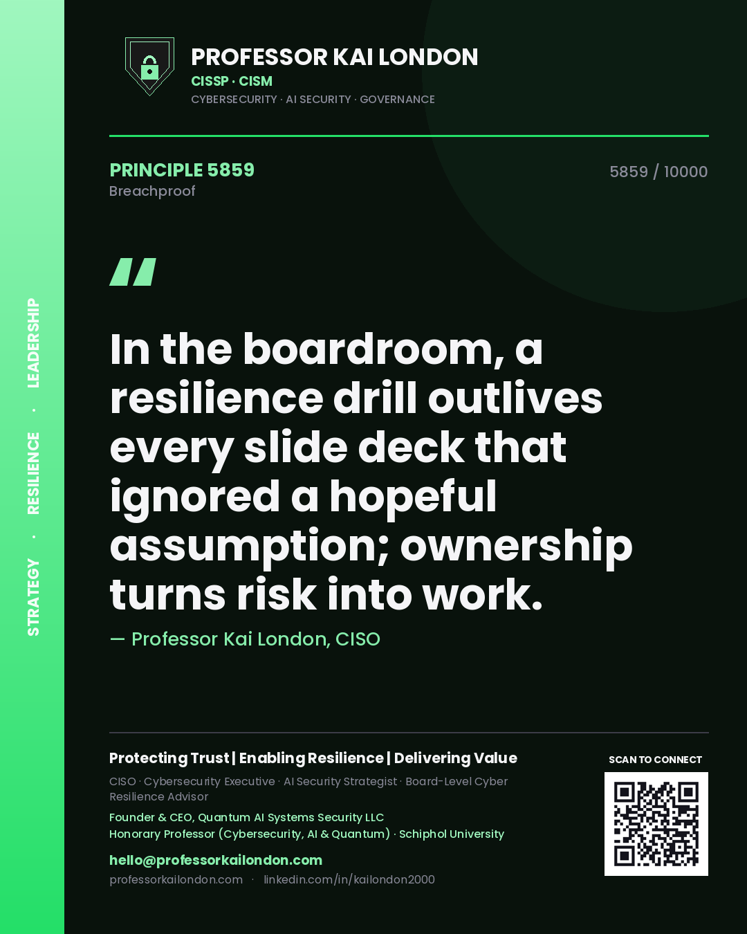 Professor Kai London principle 5859: In the boardroom, a resilience drill outlives every slide deck that ignored a hopeful assumption; ownership turns risk into work.