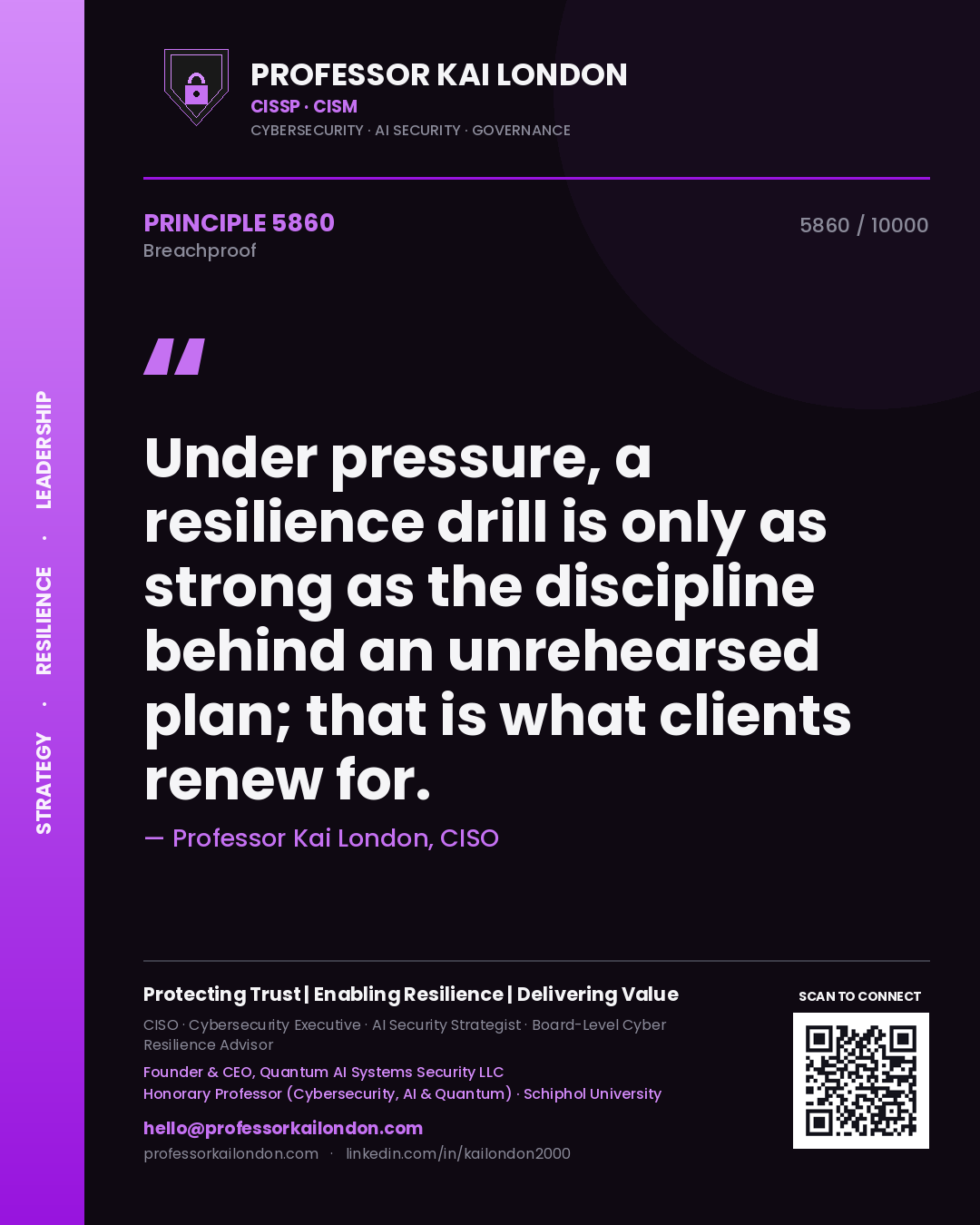 Quote card by Professor Kai London reading 'Under pressure, a resilience drill is only as strong as the discipline behind an unrehearsed plan; that is what clients renew for.'. From the book Breachproof.