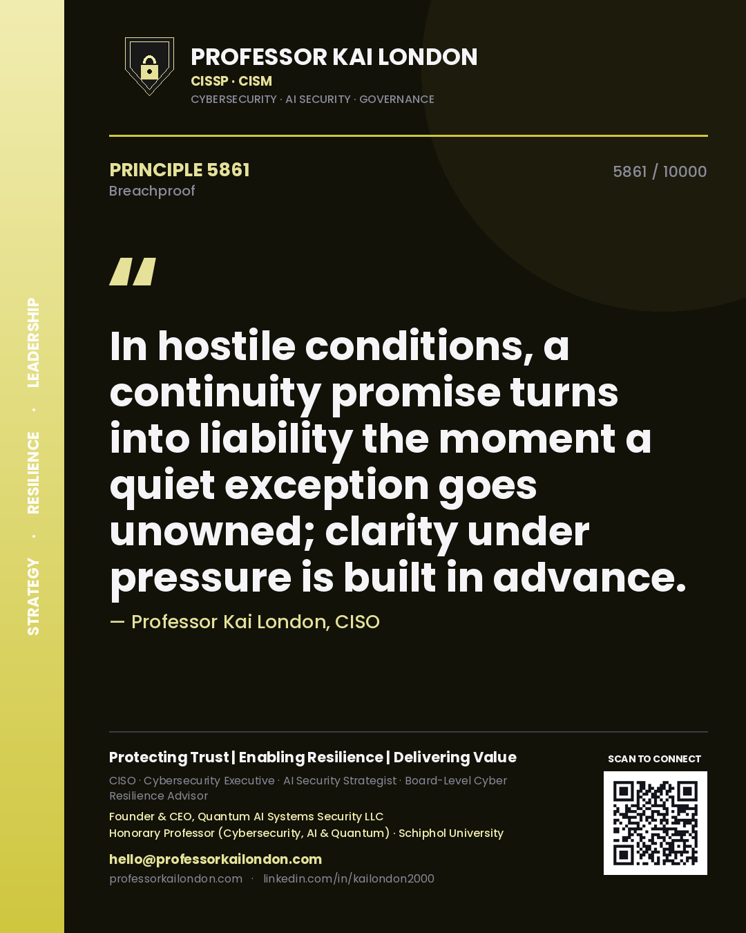 Quote card by Professor Kai London reading 'In hostile conditions, a continuity promise turns into liability the moment a quiet exception goes unowned; clarity under pressure is built in advance.'. From the book Breachproof.