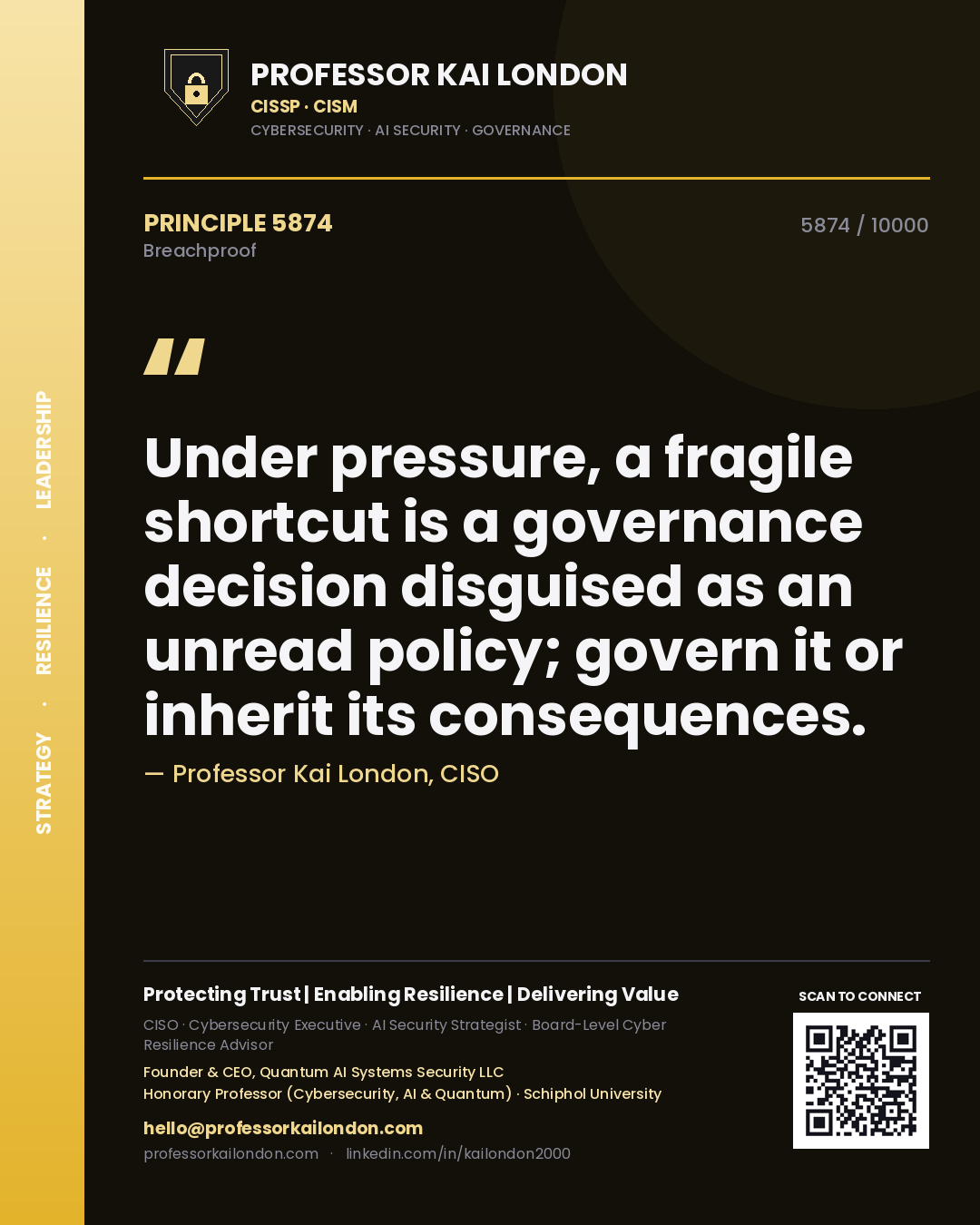 Quote card by Professor Kai London reading 'Under pressure, a fragile shortcut is a governance decision disguised as an unread policy; govern it or inherit its consequences.'. From the book Breachproof.