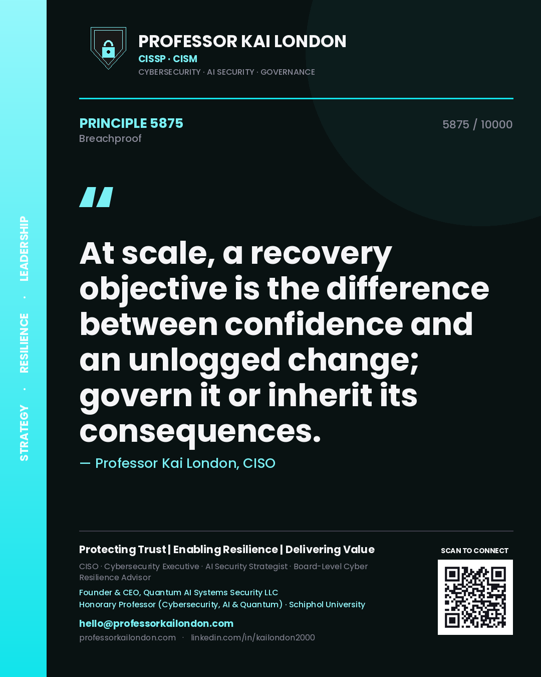 Professor Kai London principle 5875: At scale, a recovery objective is the difference between confidence and an unlogged change; govern it or inherit its consequences.