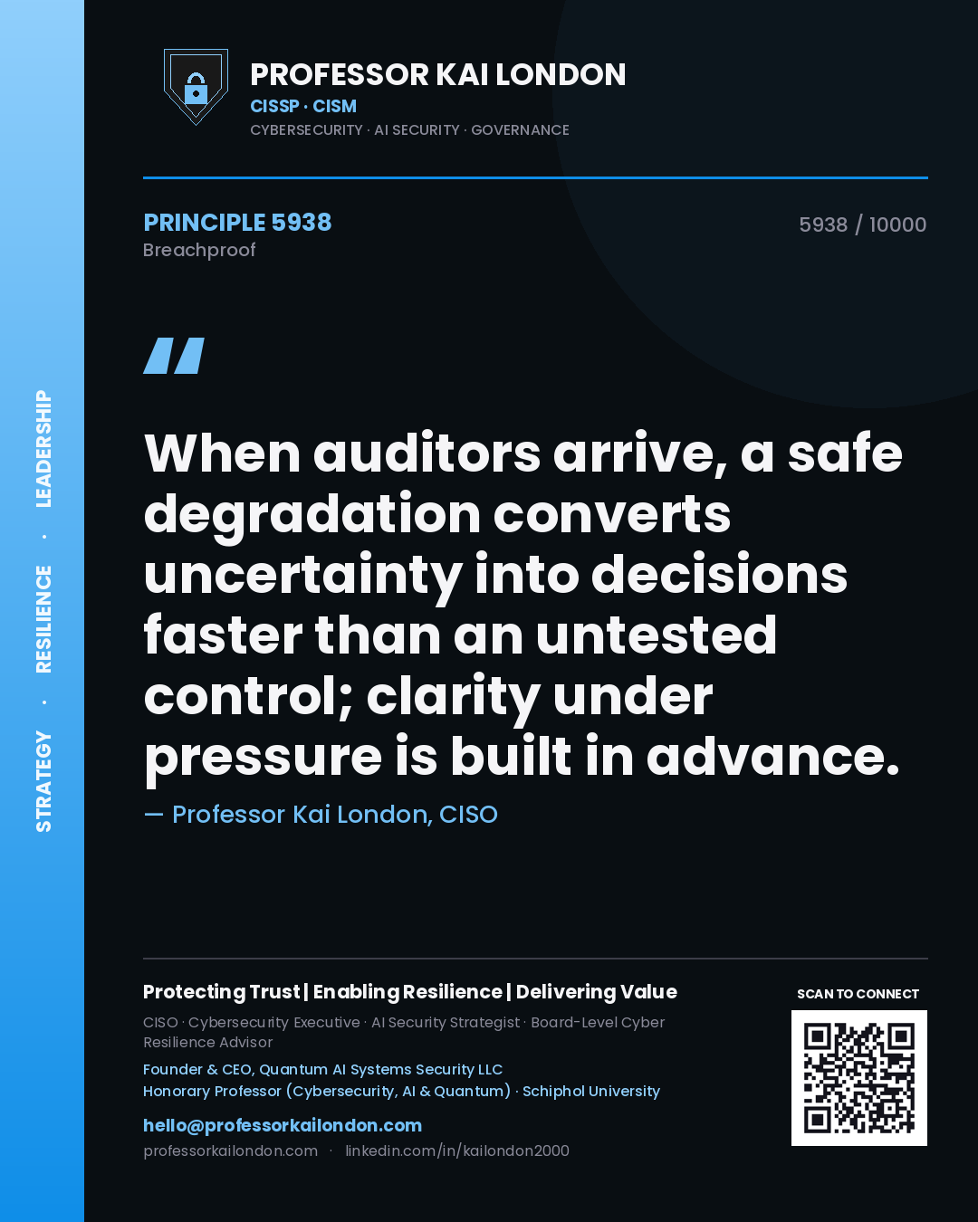 Professor Kai London principle 5938: When auditors arrive, a safe degradation converts uncertainty into decisions faster than an untested control; clarity under pressure is built in advance.