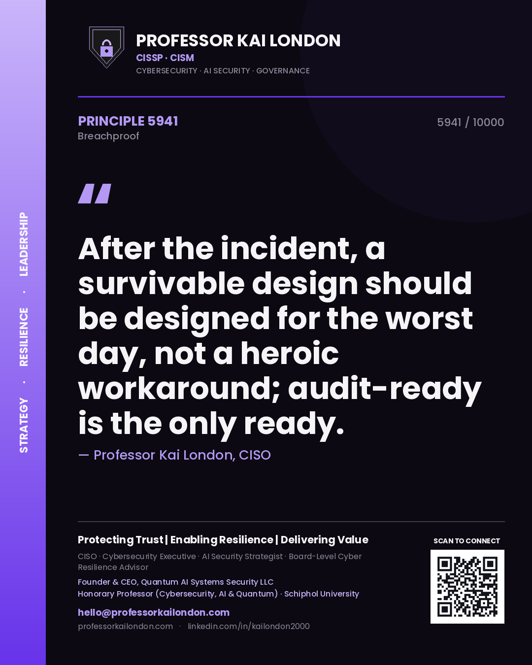 Quote card by Professor Kai London reading 'After the incident, a survivable design should be designed for the worst day, not a heroic workaround; audit-ready is the only ready.'. From the book Breachproof.