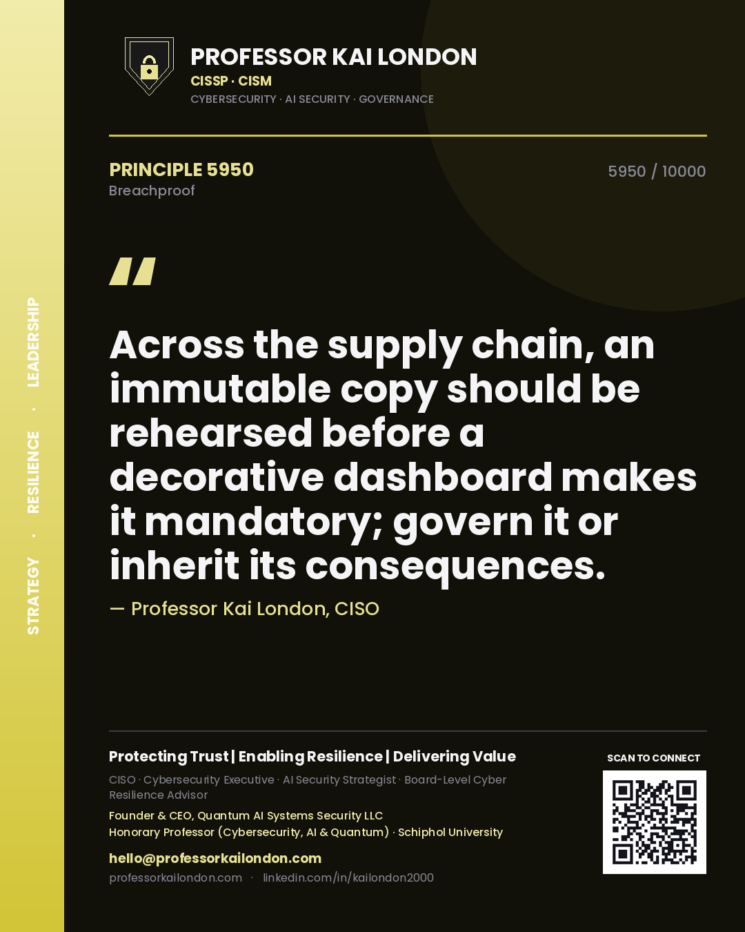 Quote card by Professor Kai London reading 'Across the supply chain, an immutable copy should be rehearsed before a decorative dashboard makes it mandatory; govern it or inherit its consequences.'. From the book Breachproof.